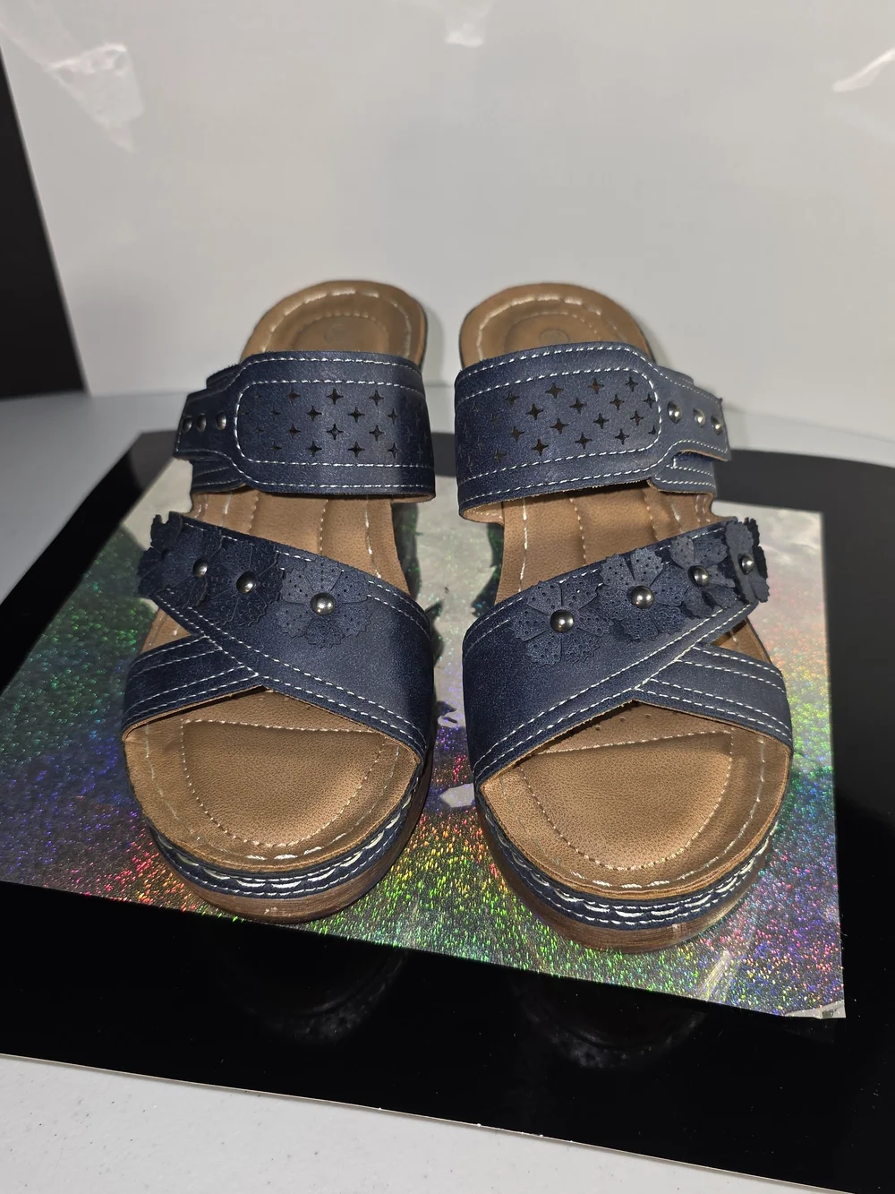Patrizia Costmary Navy Floral Leather Wedge Sandal Stud Detail Sz 36 (5-6 US)